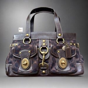 Coach Brown Signature Canvas Satchel with Leather Trim and Brass Hardware